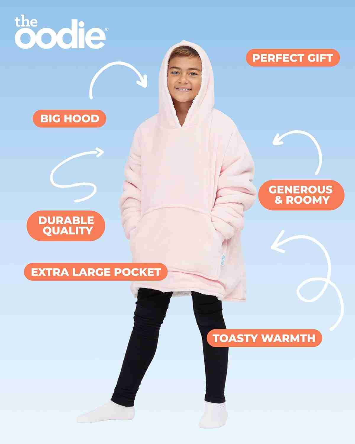 Holiday gifts for your favourite ADHD-brains 15 A child wearing an oversized, light pink hooded blanket—an ideal ADHD holiday gift—with labels highlighting features: big hood, durable quality, extra large pocket, generous & roomy, toasty warmth. Blue background with white text.