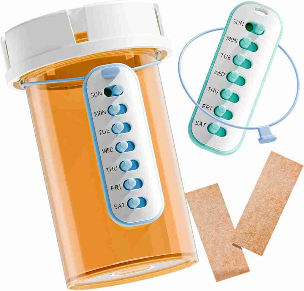 Holiday gifts for your favourite ADHD-brains 11 A large orange pill bottle with a white cap features a built-in blue and white weekly medication tracker—an ideal pick for ADHD holiday gifts. Beside it are a plastic ring with another tracker and two rectangular adhesive strips.