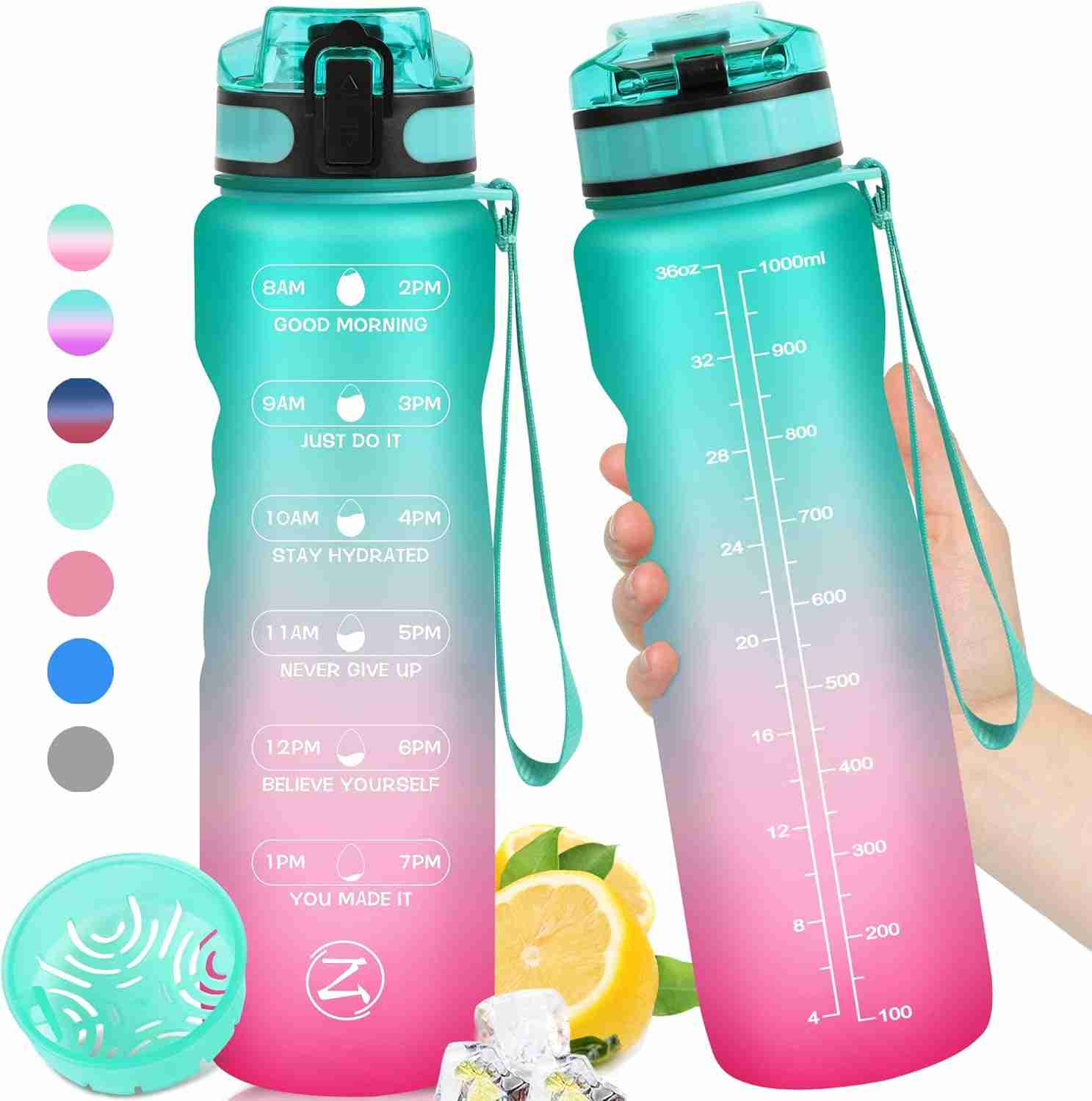 Holiday gifts for your favourite ADHD-brains 9 Two teal and pink gradient water bottles with motivational time markers, a wrist strap, and a fruit infuser—thoughtful ADHD holiday gifts. One bottle is held by a hand. Sliced lemon, mint, ice cubes, and color options are shown nearby.
