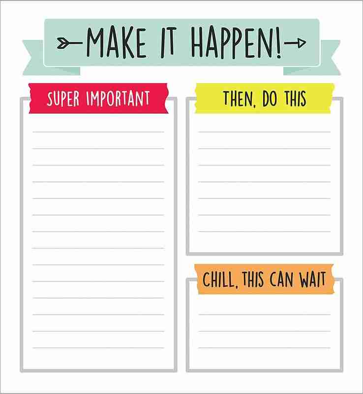 Holiday gifts for your favourite ADHD-brains 5 A colorful to-do list tailored for those seeking ADHD gifts, featuring three sections: Super Important in red, Then, Do This in orange, and Chill, This Can Wait in yellow. Each section has lined spaces for tasks under the bold header Make It Happen!.
