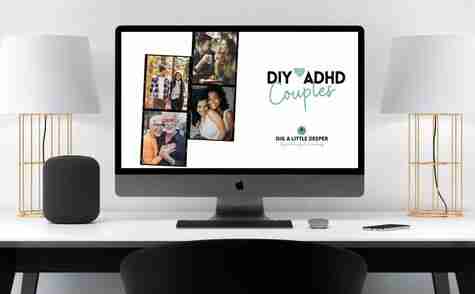 A desktop with a large screen showcases “DIY ADHD Couples” along with photos of couples. The desk is elegantly accented by two modern lamps and a sleek black speaker, creating an inviting workspace for ADHD couples seeking creative solutions.