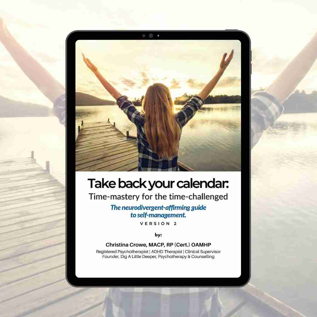 A person stands on a dock with arms outstretched towards a lake during sunset. The tablet screen displays a guide titled Take back your calendar with author details, hinting at an ADHD online course that fosters focus and productivity.