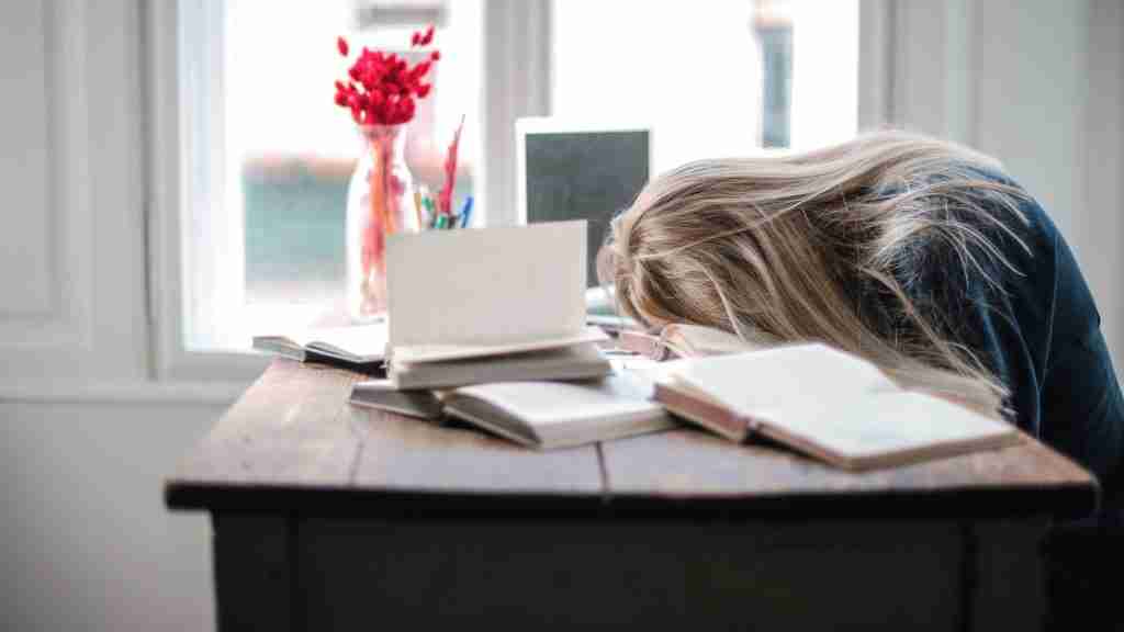 A person with long blonde hair is asleep on a wooden table cluttered with open books, notably The Reckoning, in front of a window. A vase with red flowers adorns the windowsill, and light filters through, illuminating this peaceful yet chaotic scene of ADHDs embrace.