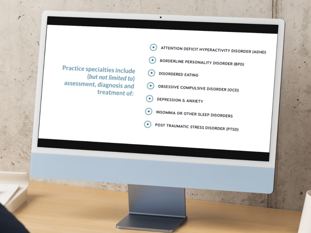 A computer monitor displays a list of mental health specialties, including ADHD, depression/anxiety, and insomnia/sleep disorders, with a blue and black text layout—highlighting medication management options through private psychiatry in Ontario.