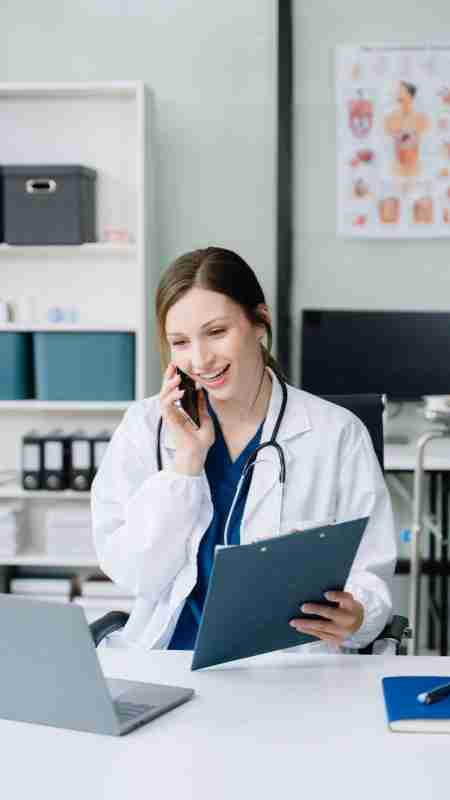 A smiling doctor wearing a white coat and stethoscope talks on the phone while looking at a clipboard with a menopause symptoms list, seated at a desk with a laptop and office supplies in a medical office.