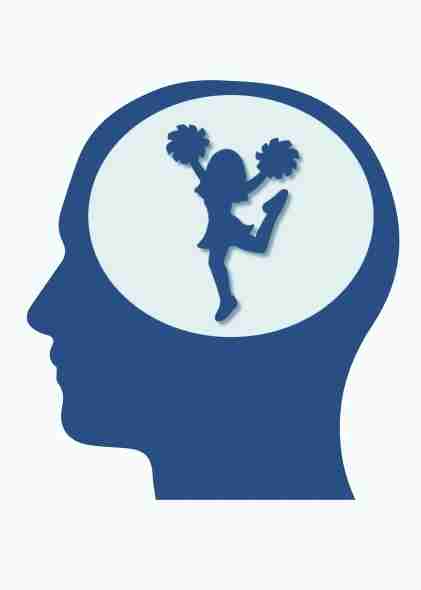 A blue silhouette of a human head in profile with the outline of a cheerleader holding pom-poms inside the brain area, suggesting thoughts or enthusiasm related to ADHD or cheerleading during midlife.