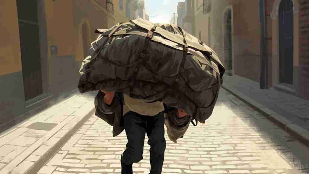A person walks down a narrow, sunlit cobblestone street, heavily hunched over while carrying an oversized, bulky sack strapped to their back—an evocative image of generational stress weighed upon neurodivergent families.